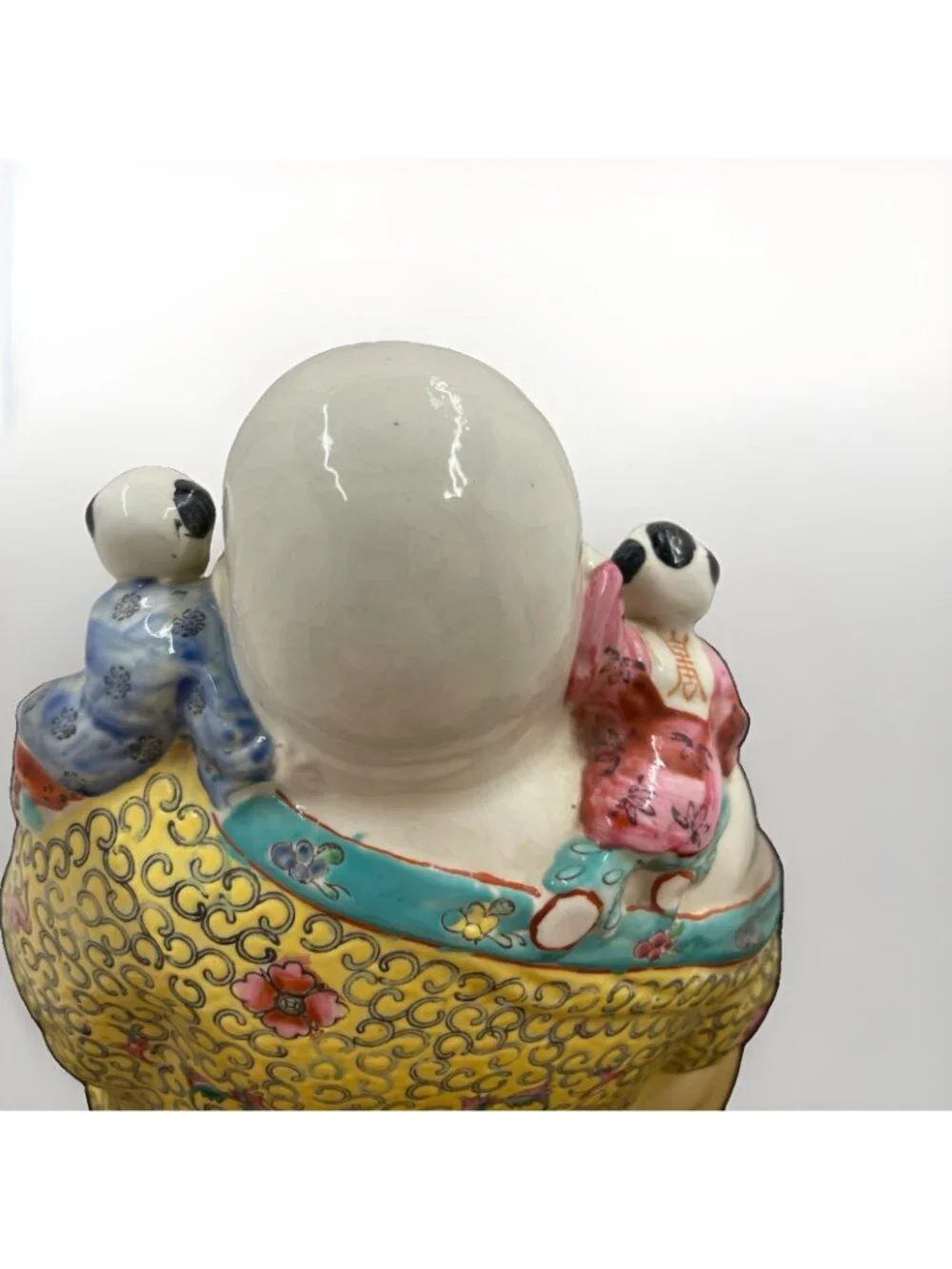 Hand Painted Porcelain Happy Buddha Statue w/ 5 Children Made in Hong Kong